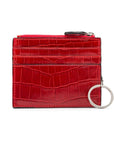 Leather card case with zip coin purse and key chain, red croc, front