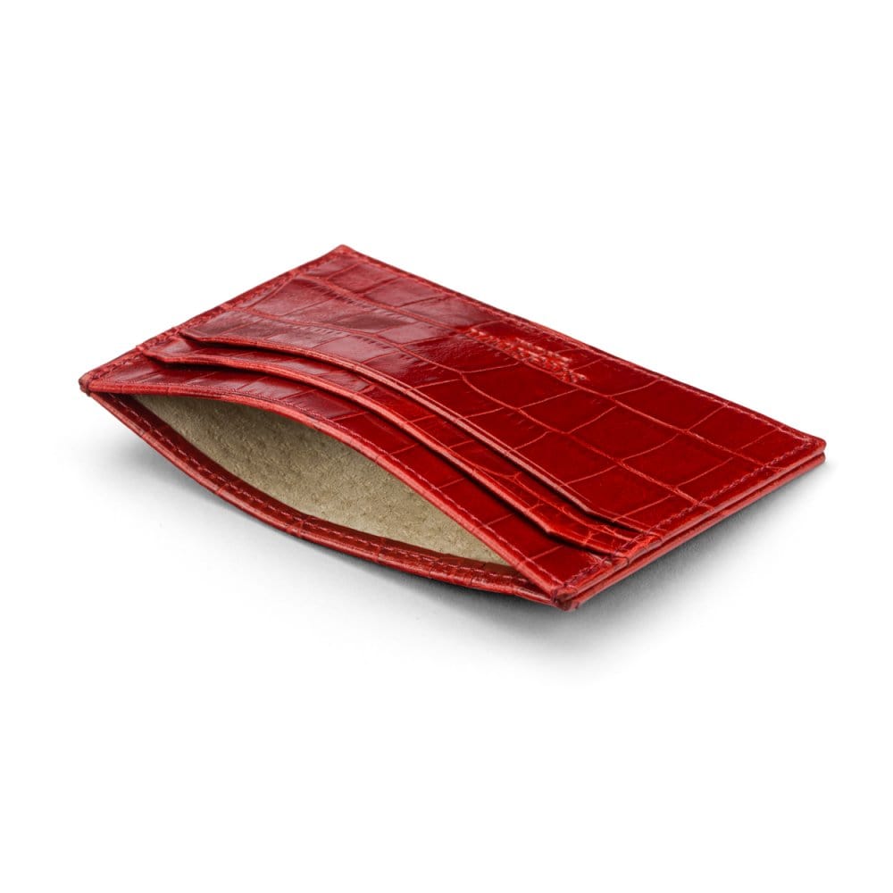 Flat leather credit card holder with middle pocket, 5 CC slots, red croc, inside