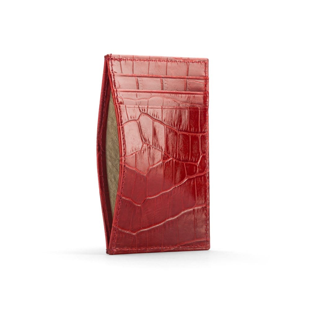 Flat leather credit card holder with middle pocket, 5 CC slots, red croc, front