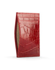 Flat leather credit card holder with middle pocket, 5 CC slots, red croc, front