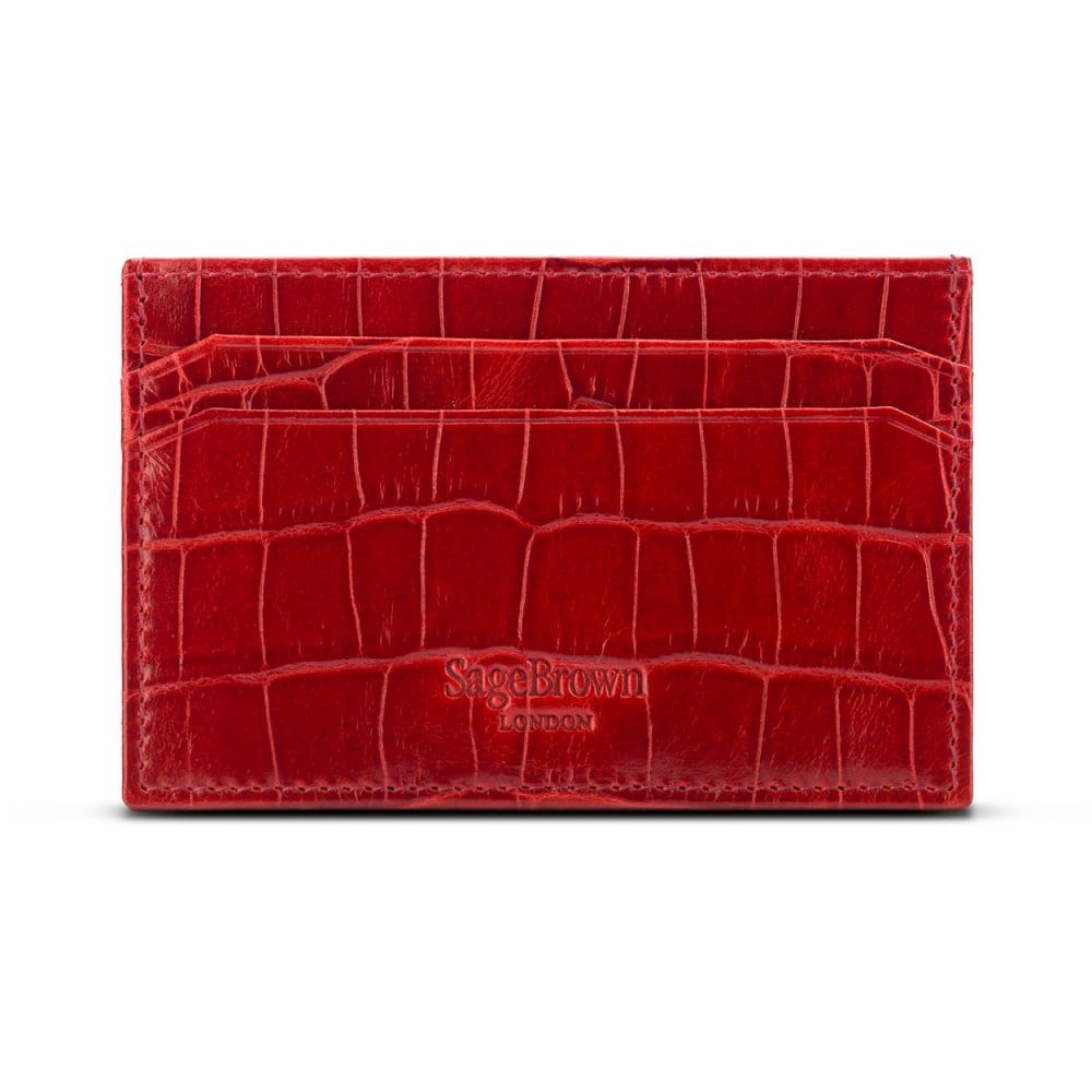 Flat leather credit card holder with middle pocket, 5 CC slots, red croc, back