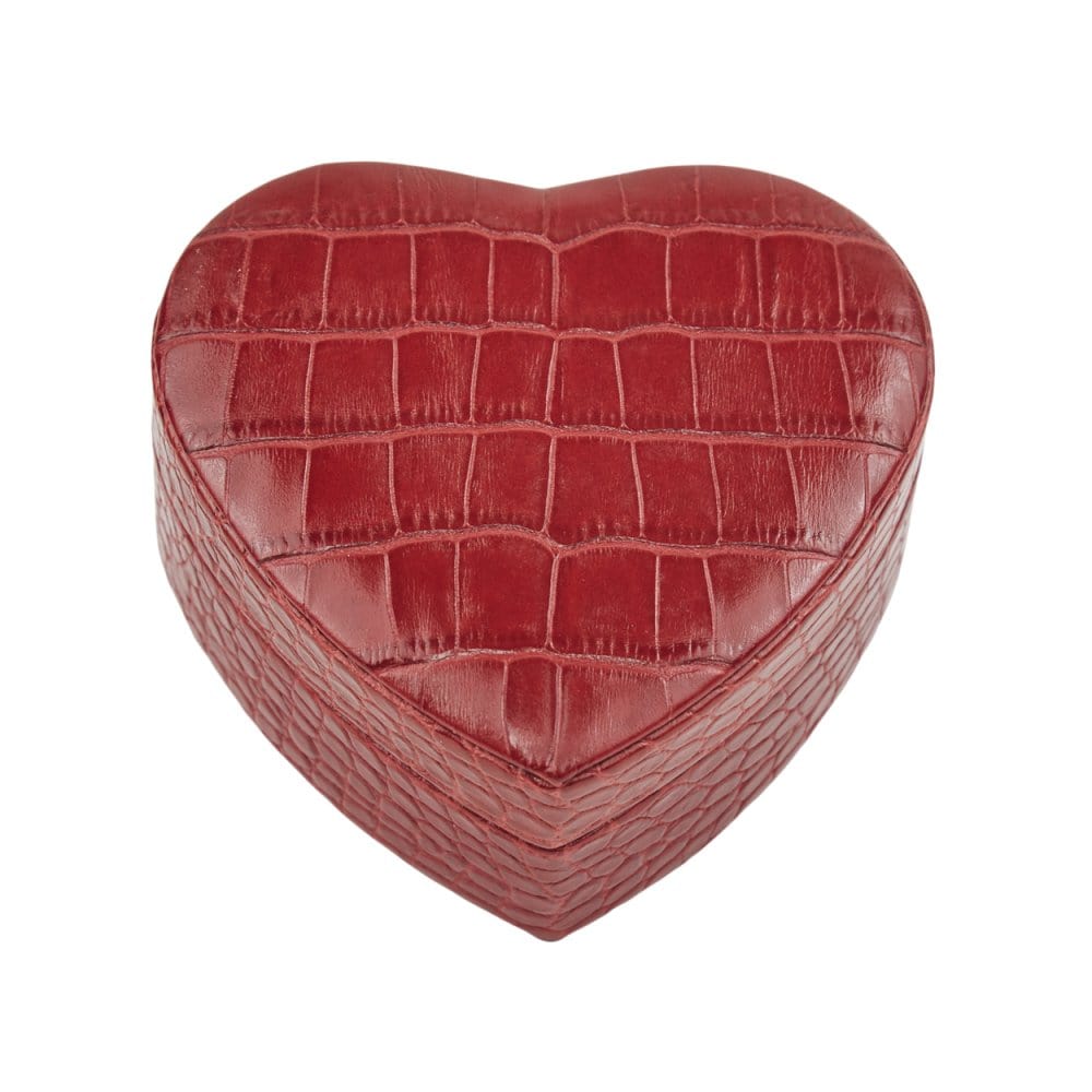 Leather heart shaped jewellery box, red croc, front