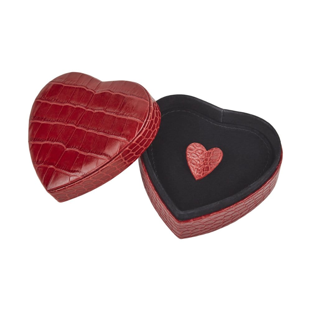 Leather heart shaped jewellery box, red croc, open