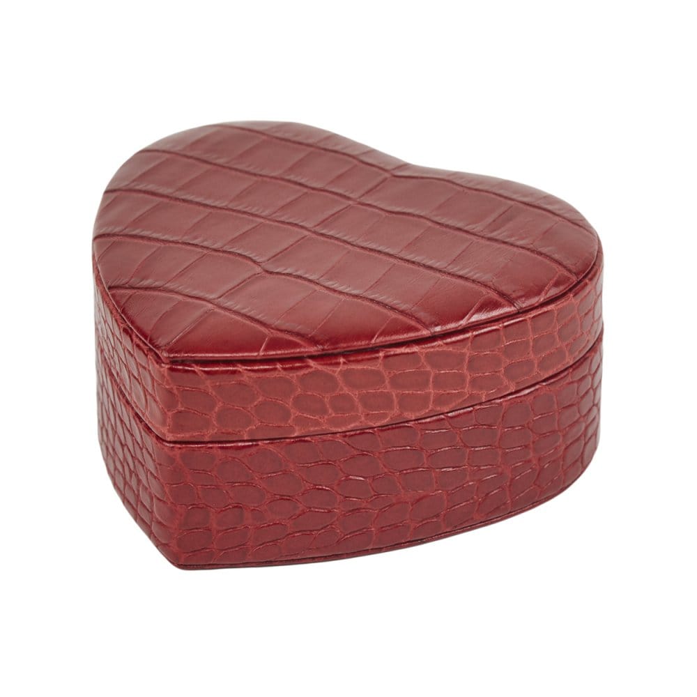 Leather heart shaped jewellery box, red croc, side