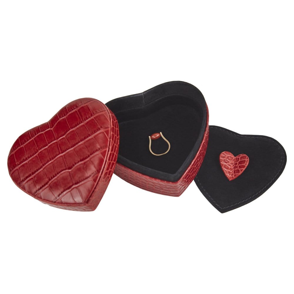 Leather heart shaped jewellery box, red croc, inside