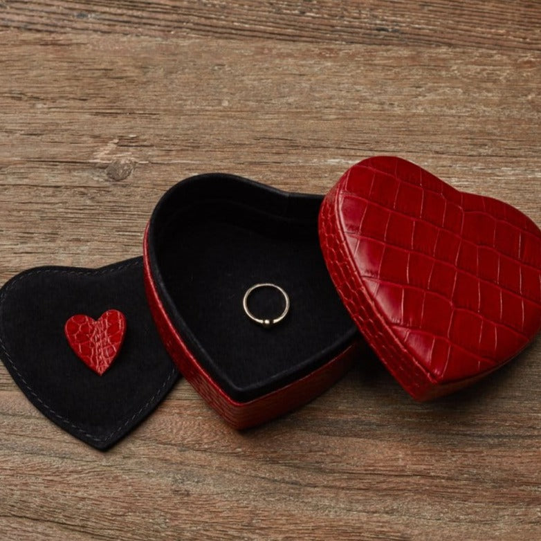 Leather heart shaped jewellery box, red croc, lifestyle