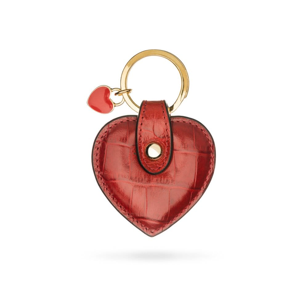 Leather heart shaped key ring, red croc, front