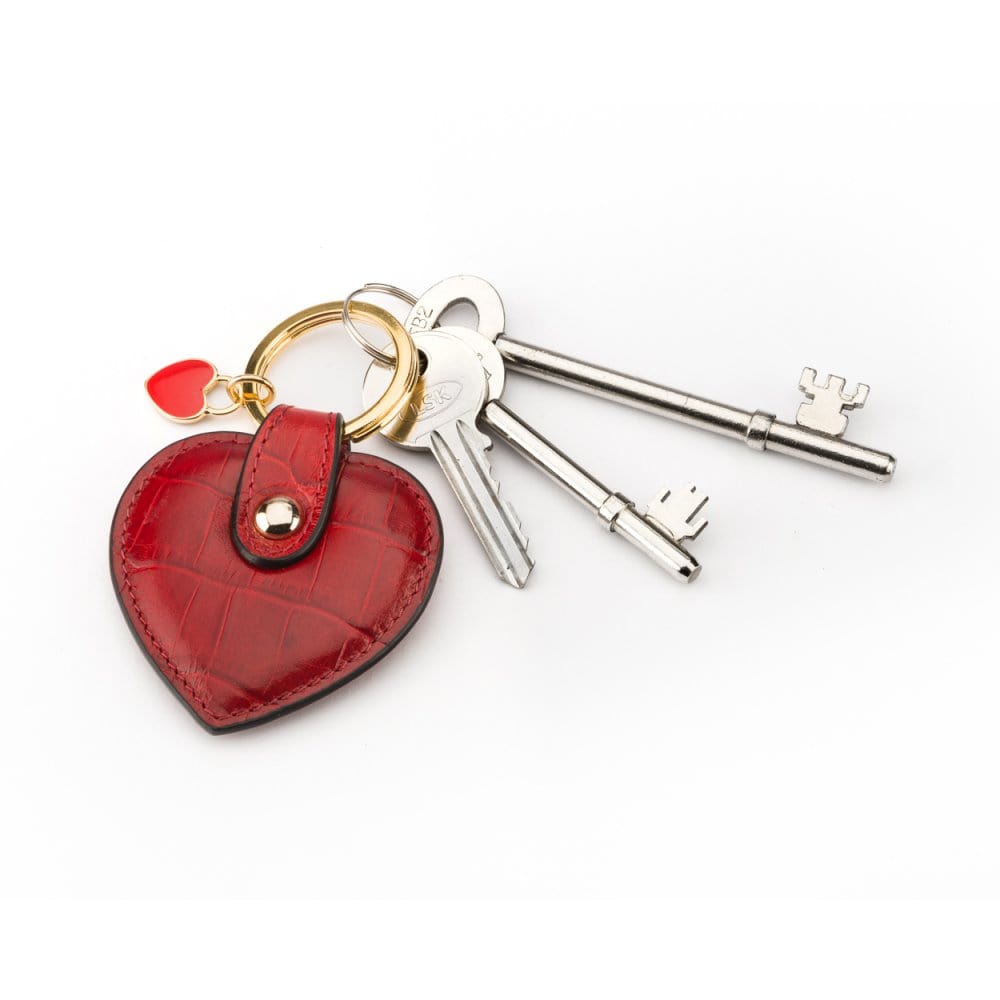 Leather heart shaped key ring, red croc