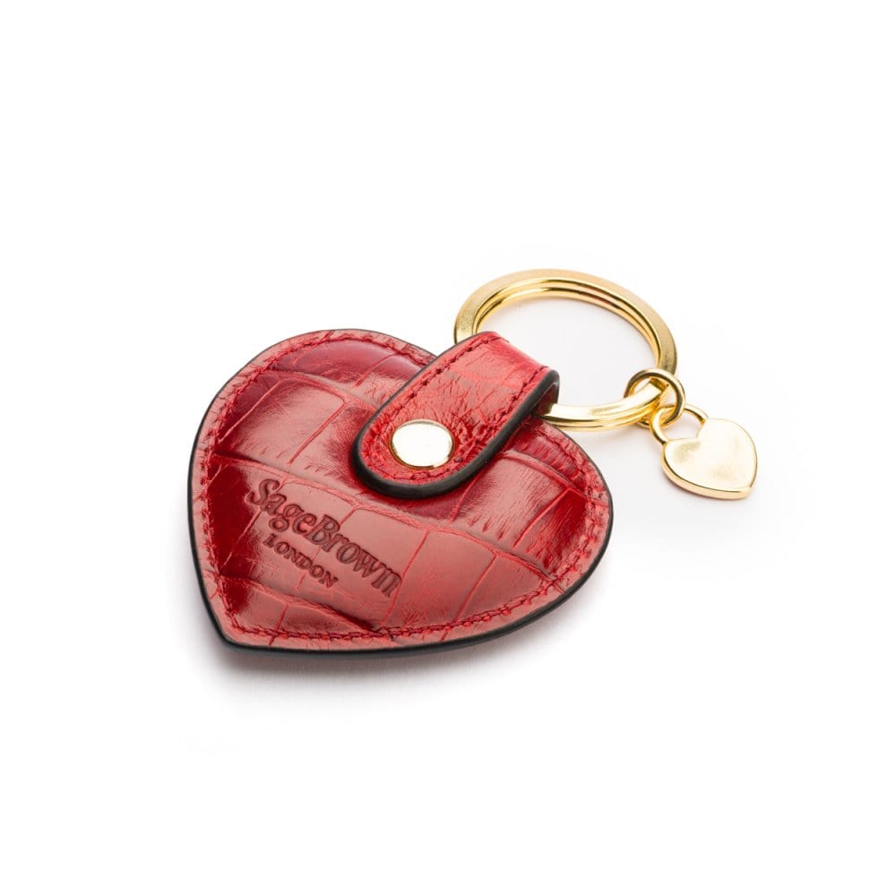Leather heart shaped key ring, red croc, back