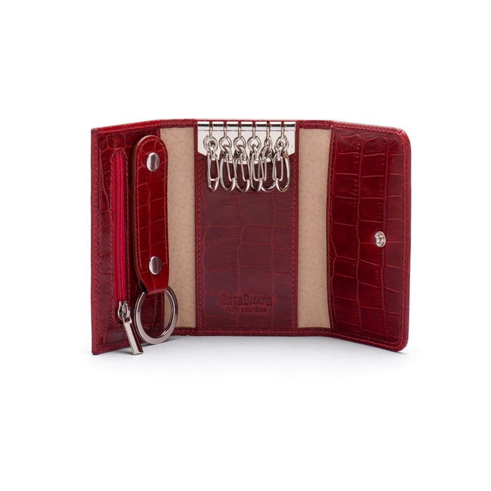 Key wallet with detachable key fob, red croc, inside