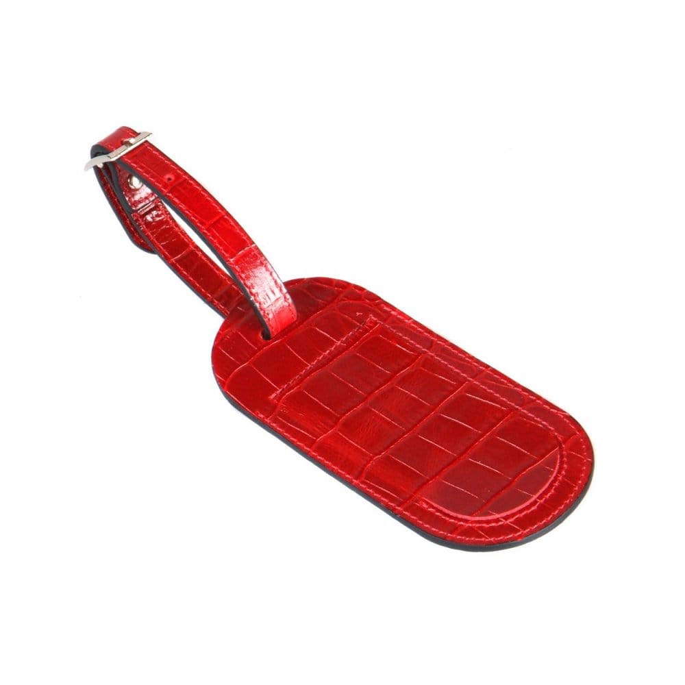 Leather luggage tag, red croc, front