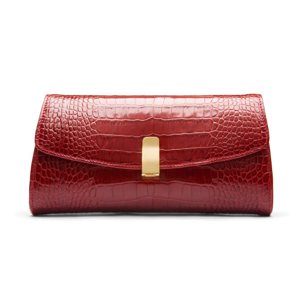 Leather clutch bag, red croc, front view