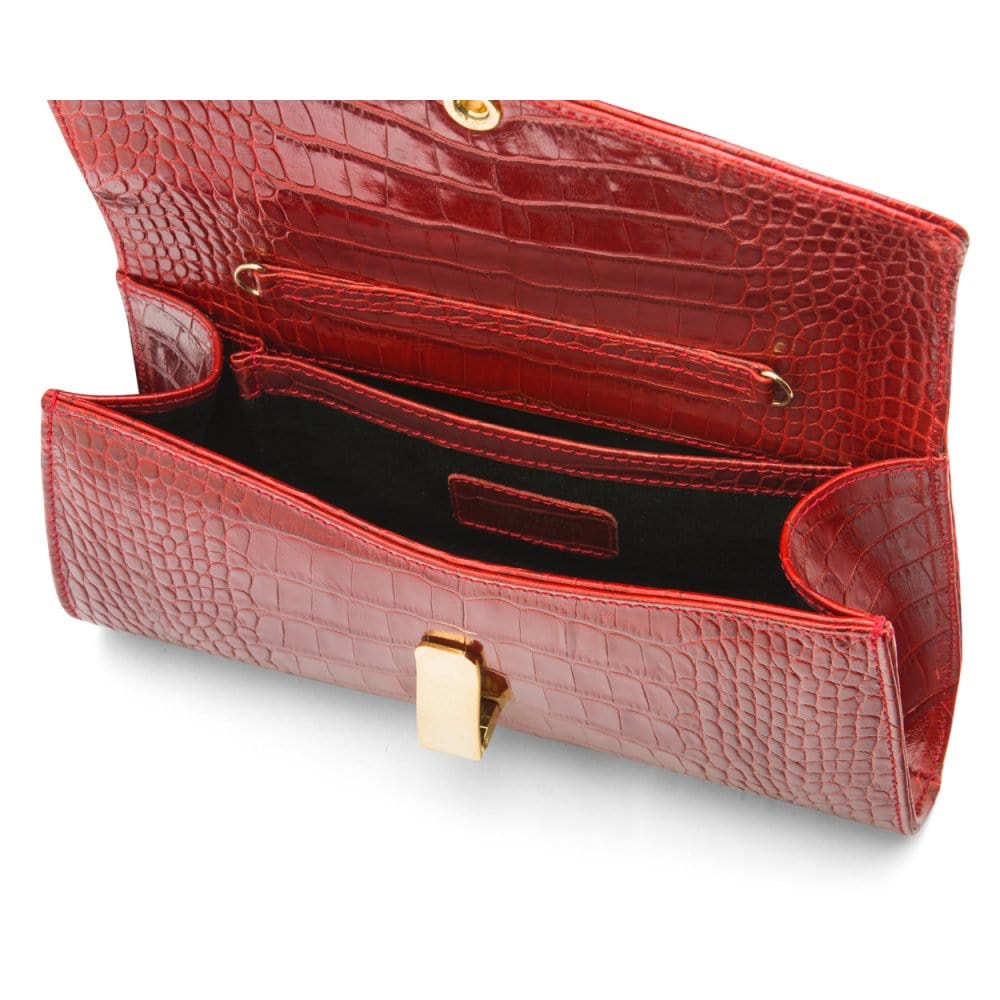 Leather clutch bag, red croc, inside