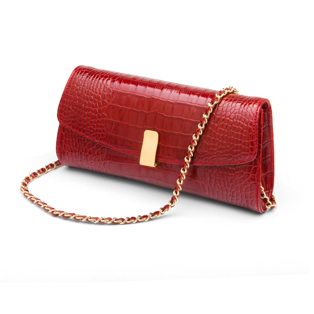 Leather clutch bag, red croc, long chain strap