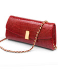 Leather clutch bag, red croc, long chain strap