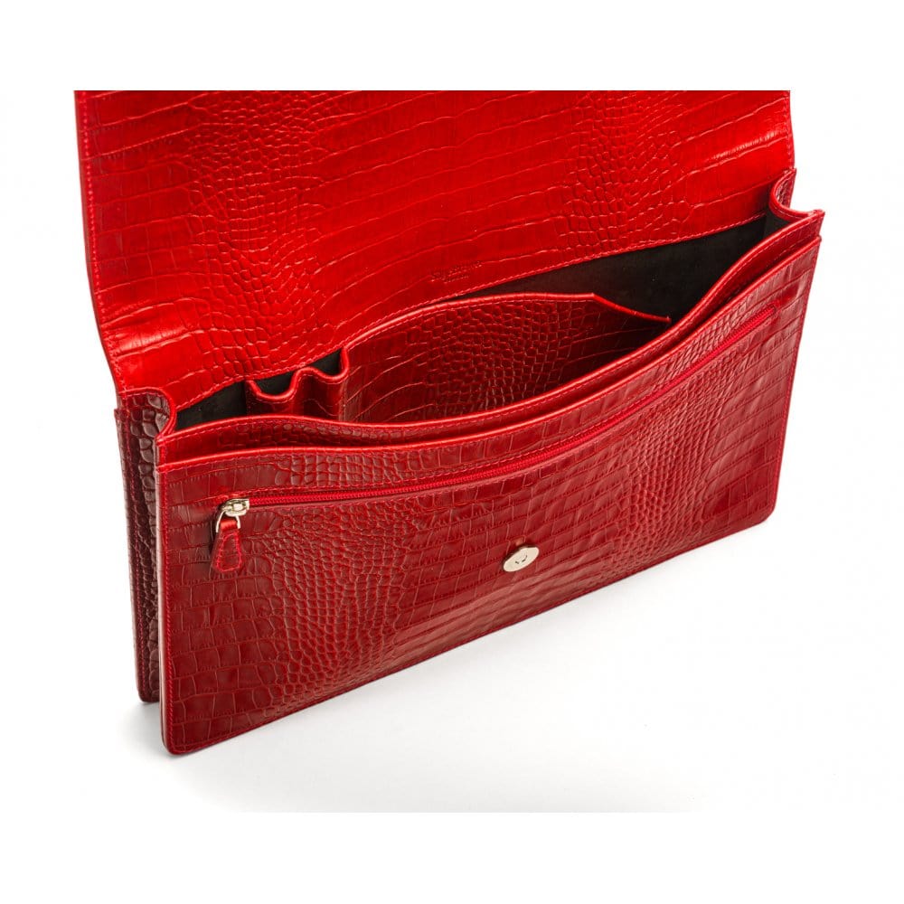 Small leather A4 portfolio case, red croc, inside