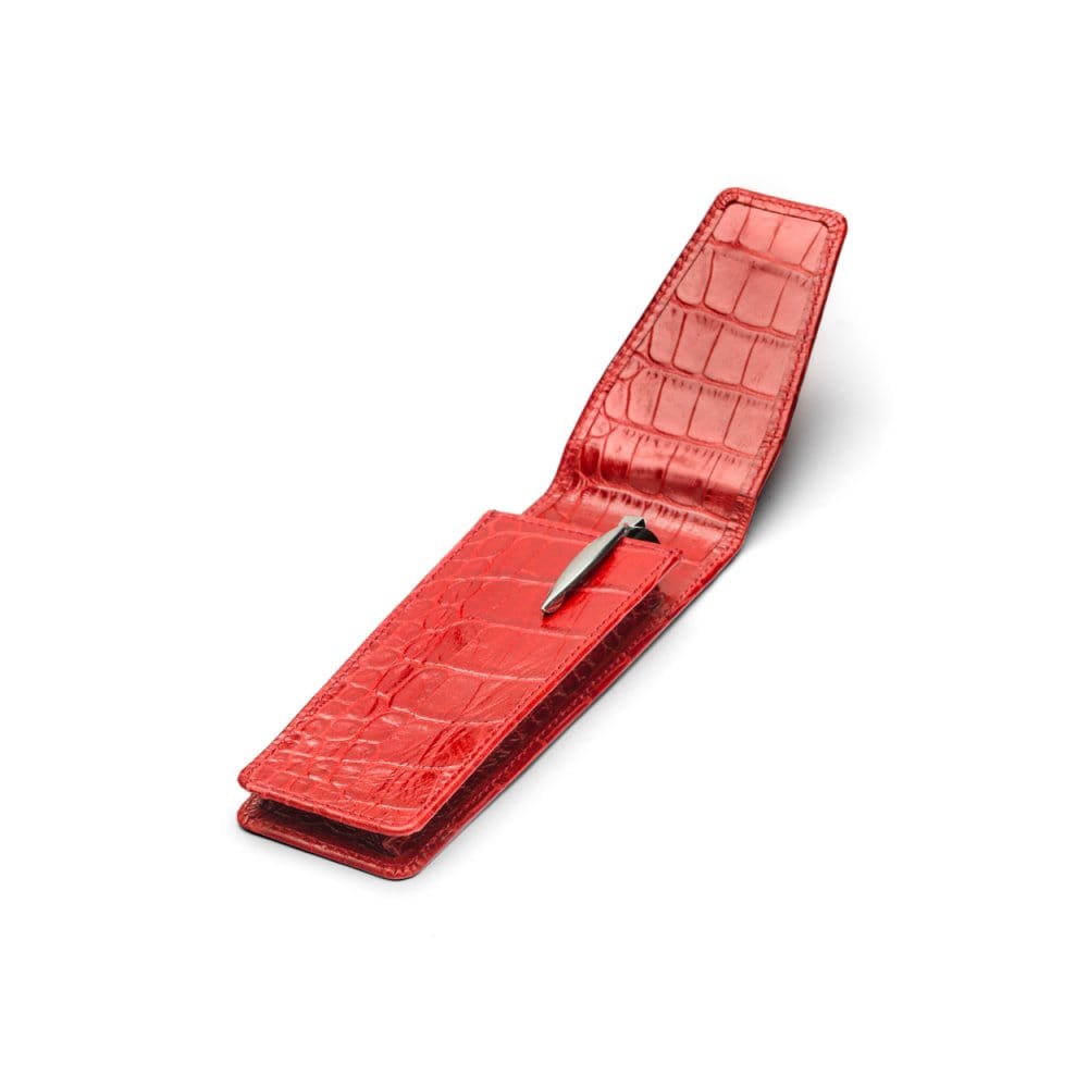 Leather pen holder, red croc, open view