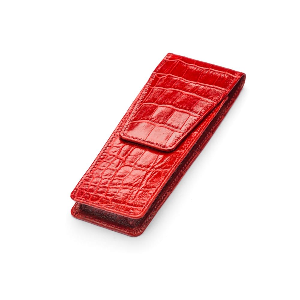 Leather pen holder, red croc, side view