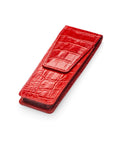 Leather pen holder, red croc, side view