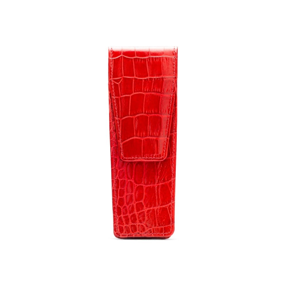 Leather pen holder, red croc, front view