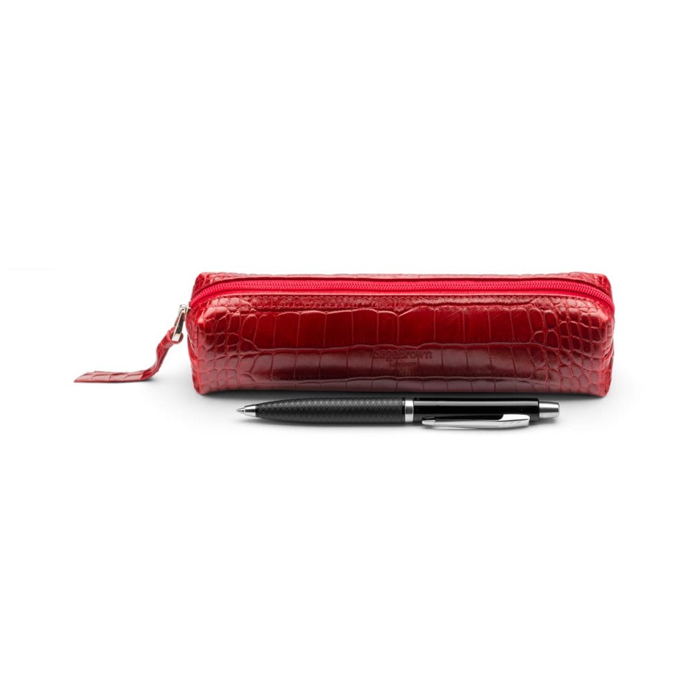 Leather pencil case, red croc, front