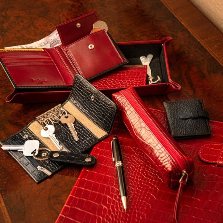 Leather pencil case, red croc, lifestyle