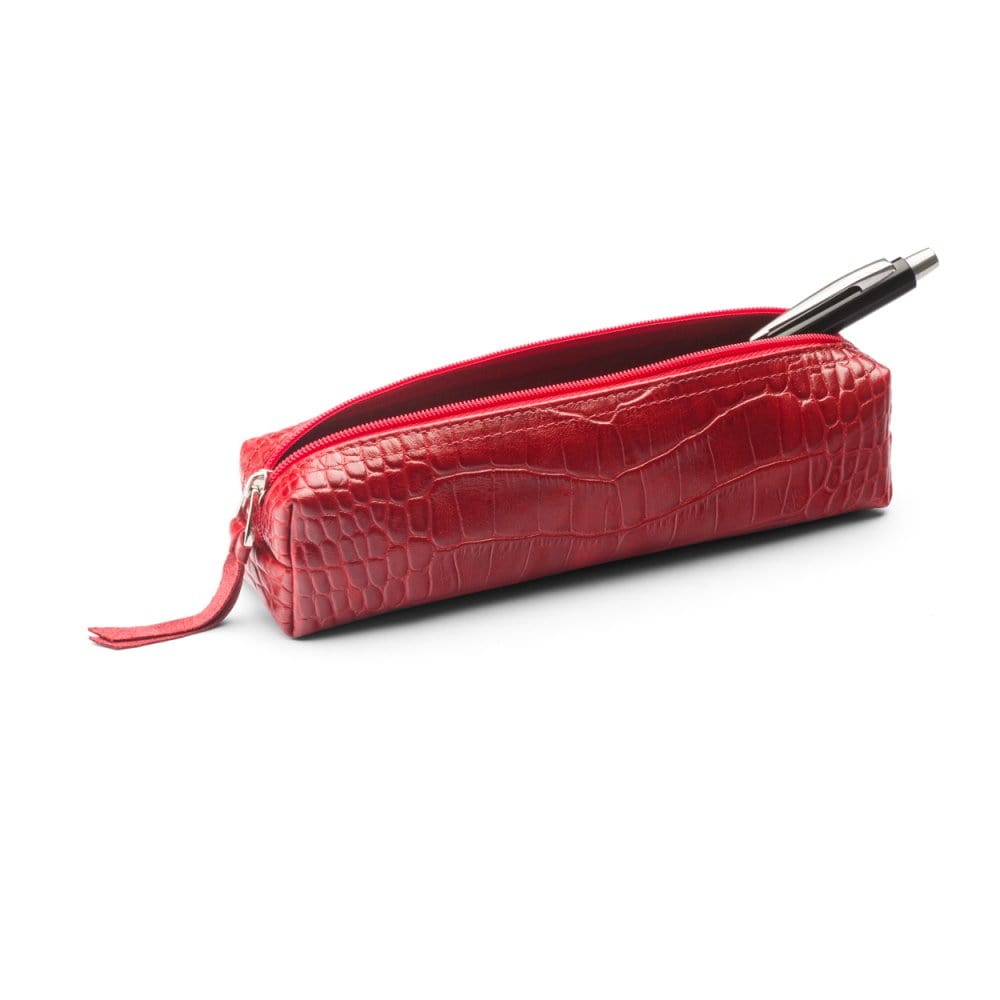 Leather pencil case, red croc, open
