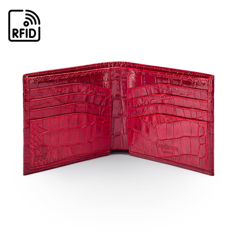 RFID leather wallet for men, red croc, open view