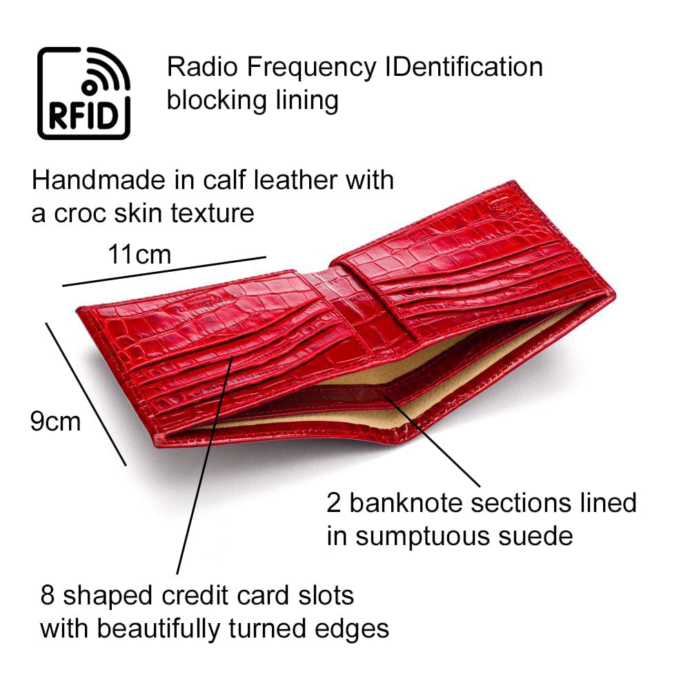RFID leather wallet for men, red croc, features