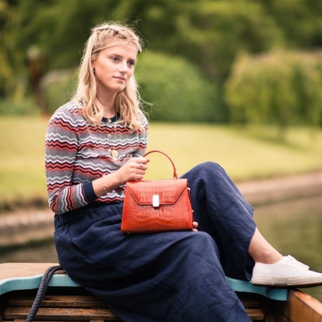 Leather top handle bag, red croc, lifestyle