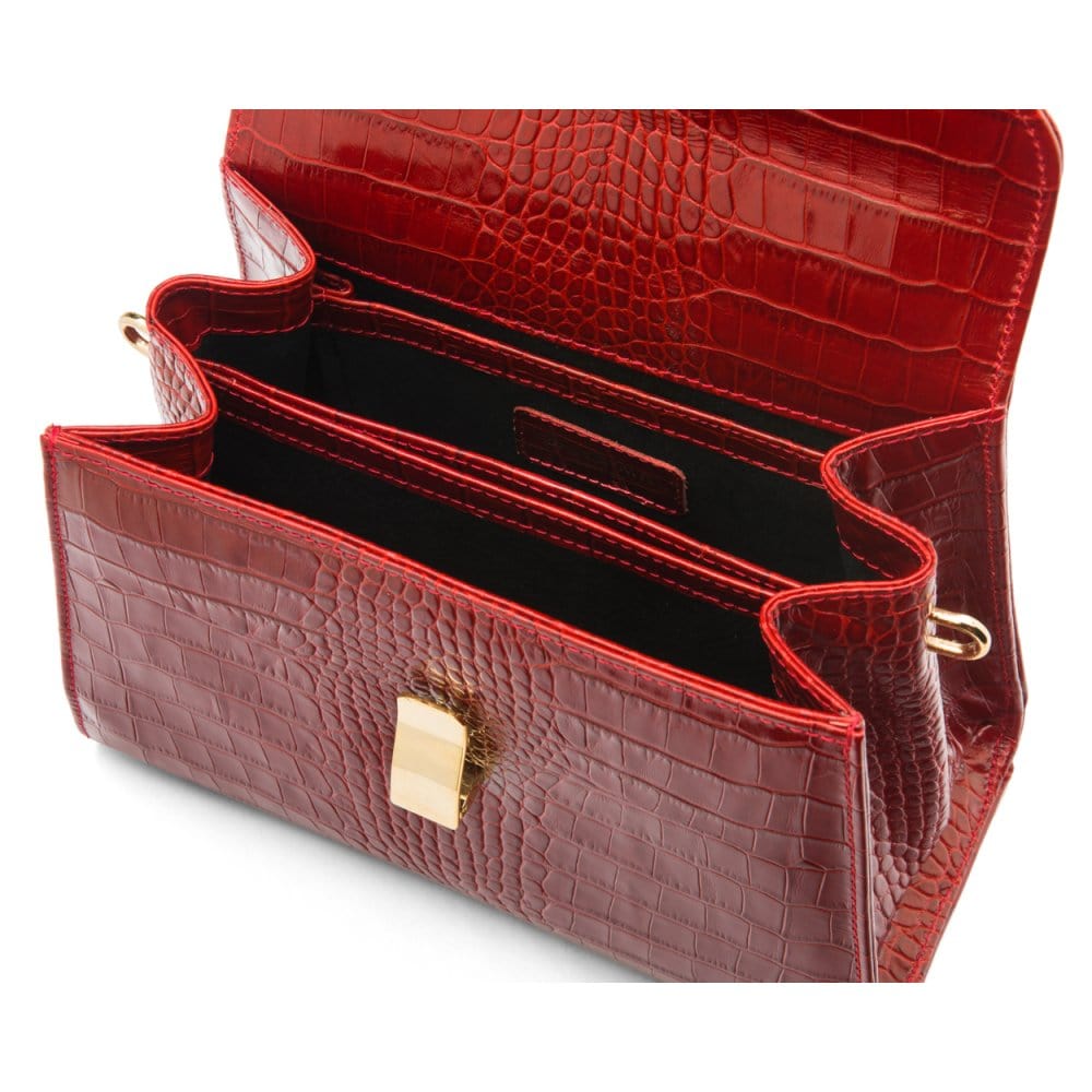 Leather top handle bag, red croc, inside