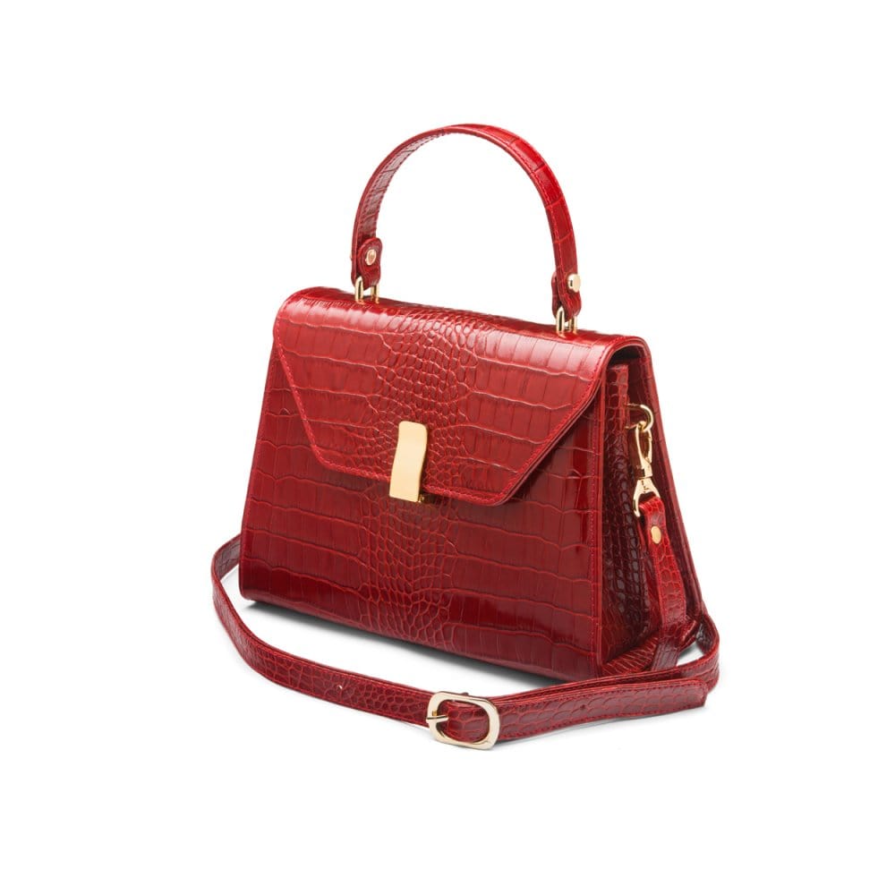 Leather top handle bag, red croc, side