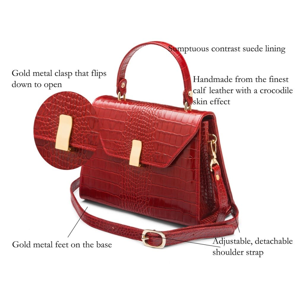 Leather top handle bag, red croc, features