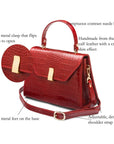 Leather top handle bag, red croc, features