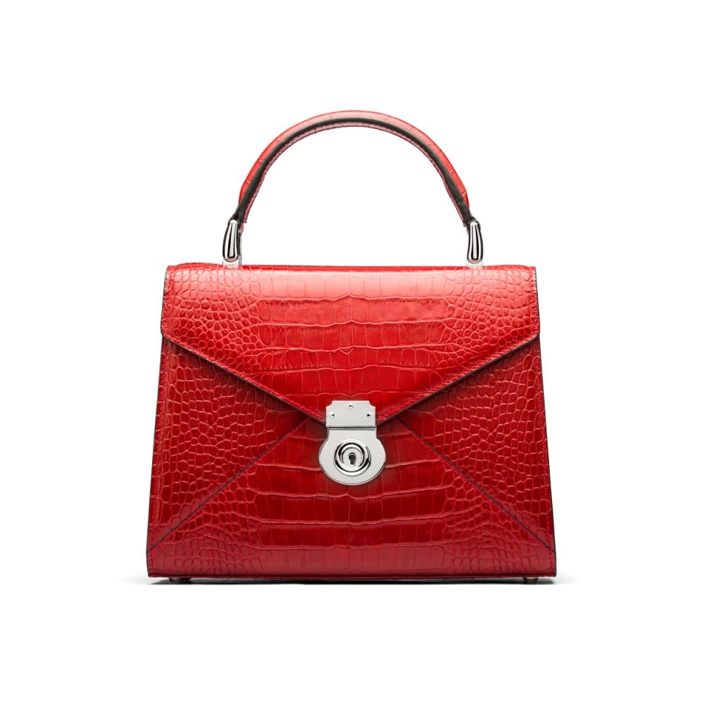 Leather top handle bag, Burnett bag, red croc, front view