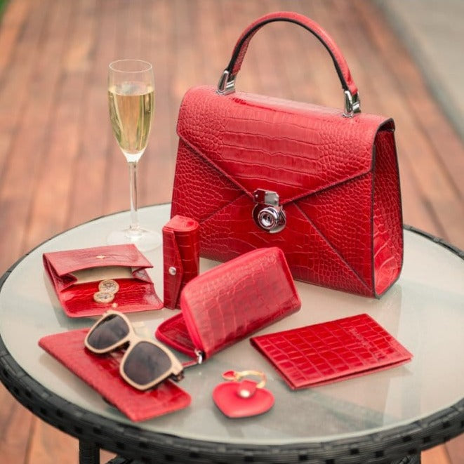 Leather top handle bag, Burnett bag, red croc, lifestyle view