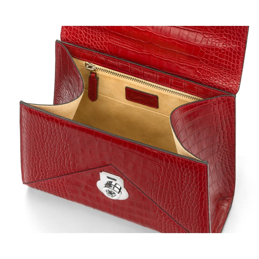 Leather top handle bag, Burnett bag, red croc, inside view