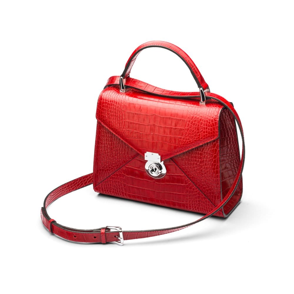 Leather top handle bag, Burnett bag, red croc, with shoulder strap