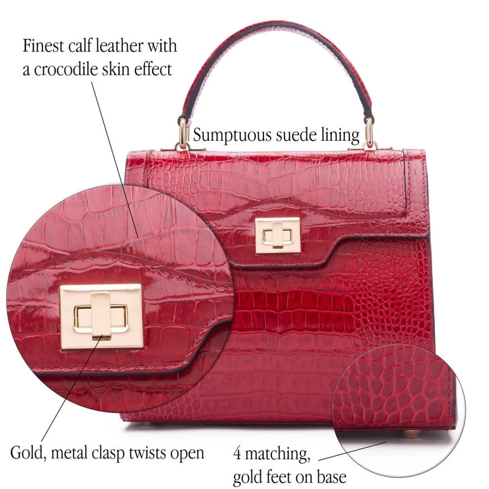 Leather signature Morgan bag, red croc, features