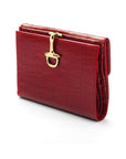 Leather purse with brass clasp, red croc, front view