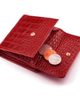 Leather purse with brass clasp, red croc, open