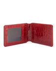 Leather travel card wallet, red croc, open