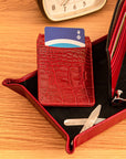 Leather travel card wallet, red croc, lifestyle