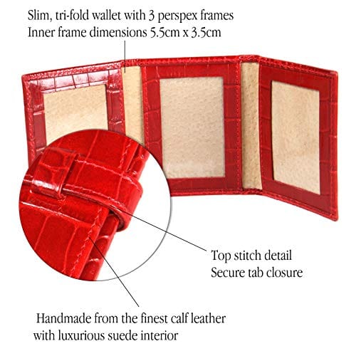 Mini leather trifold photo frame, red croc, 60 x 40mm, features
