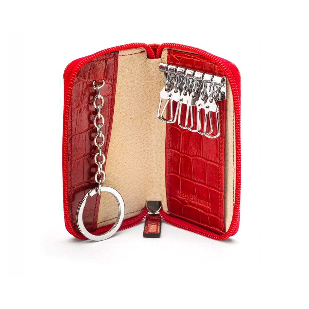 Leather zip around key case, red croc, open