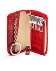 Leather zip around key case, red croc, open