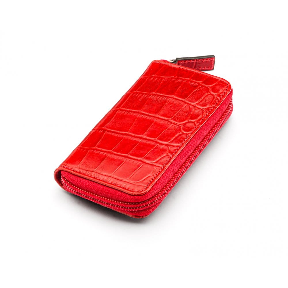Leather zip around key case, red croc, front