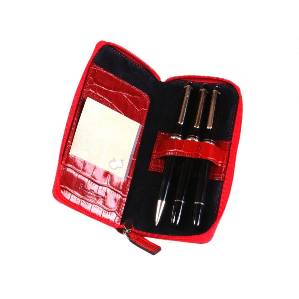 Red Croc Leather Zip Around Triple Pen Case