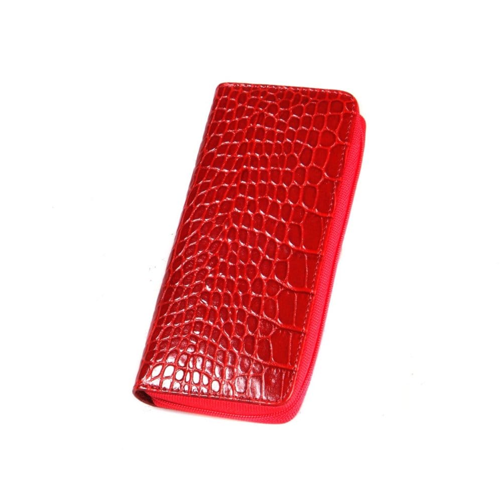 Red Croc Leather Zip Around Triple Pen Case