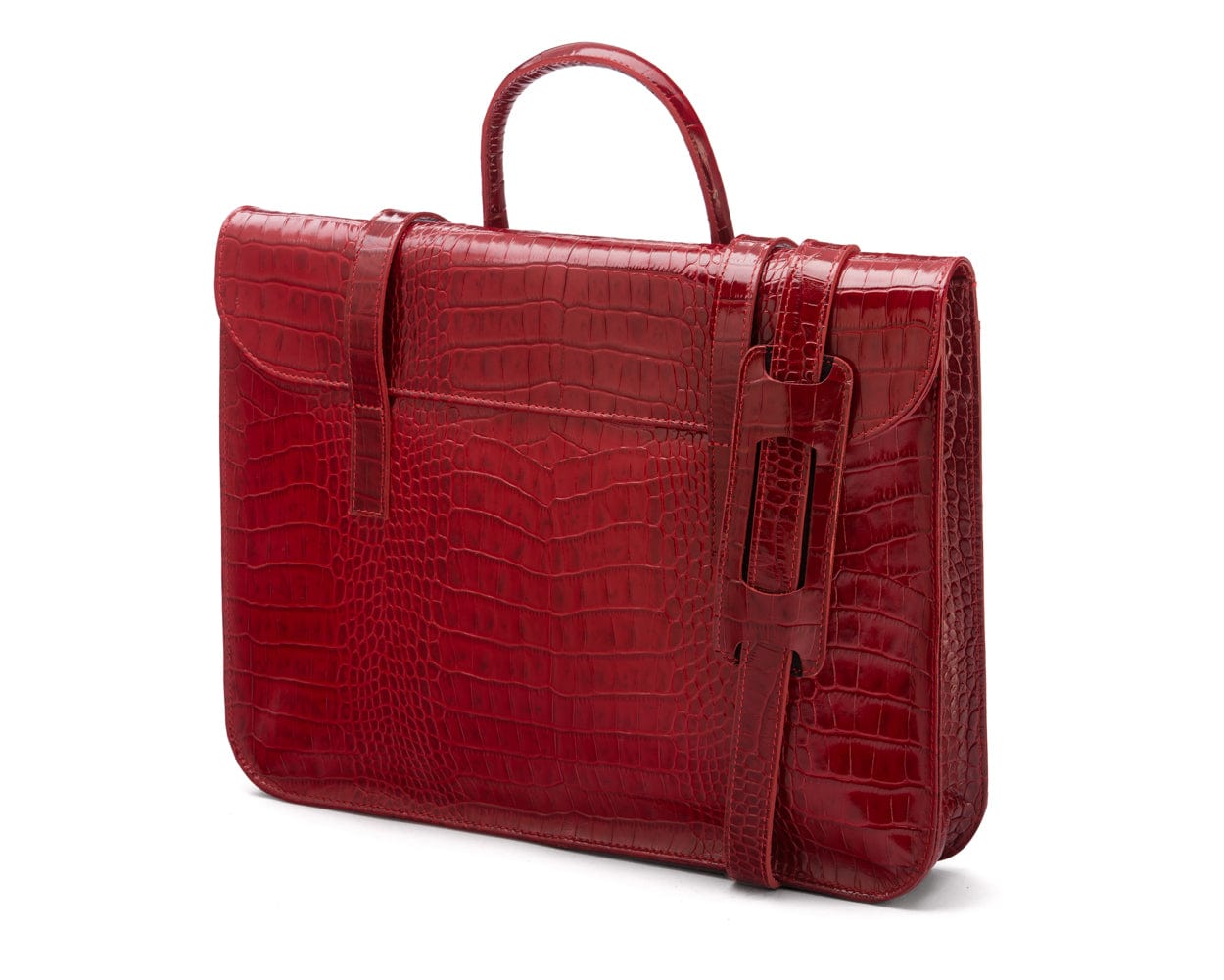 Leather music bag, red croc, side